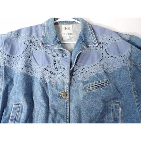 Vtg 90s Together Jean Jacket Sz Large Denim Eyelet Crochet Buttons READ - Picture 13 of 16